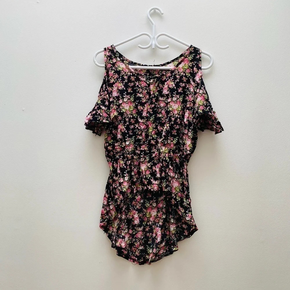 Source Unknown - Cold Shoulder High Low Floral Blouse